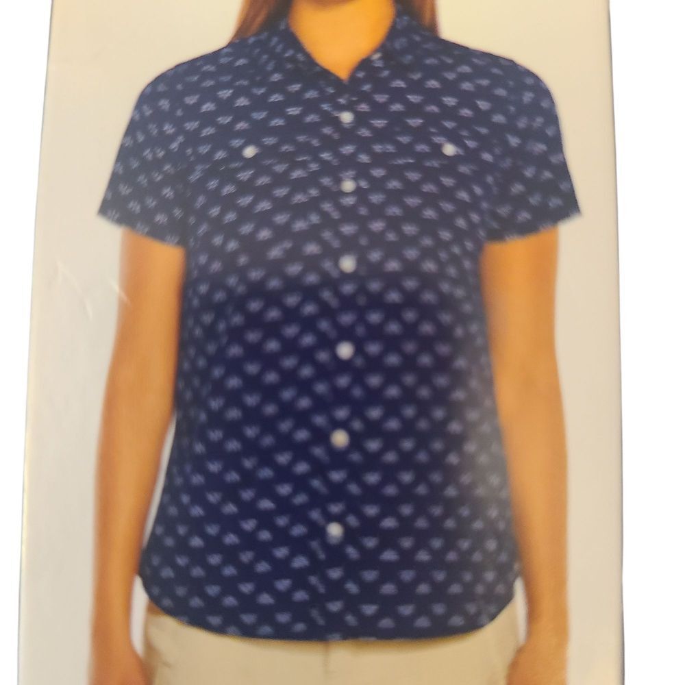 Eddie‎ Bauer Top Short Sleeves Button Down Navy White Print Women's Size XS